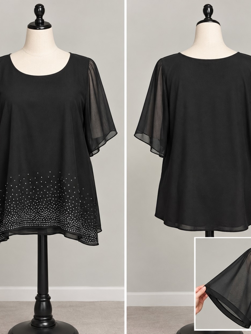 Ricki's Black Chiffon Flutter-Sleeve Top with Hem Stud Details